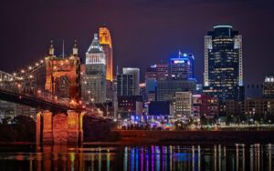 Cincinnati skyline and Ohio River at night