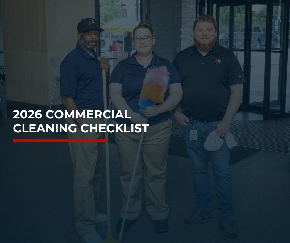 2026 Commercial Cleaning Checklist blog header image with 3 commercial cleaning employees posing for photo holding cleaning supplies